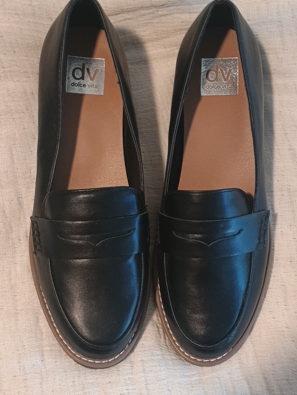 Dolce Vita Black Leather Penny Loafers with Tan Trim
